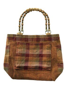 Boho Plaid Fabric Tote Bag with Wooden Beaded Handles  & Front Pocket (2643-1)